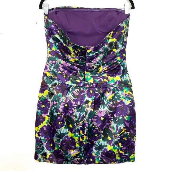 BCBGMaxAzria Strapless Dress Pleated Purple Green Blue Floral Pockets 10 mc - Picture 2 of 4